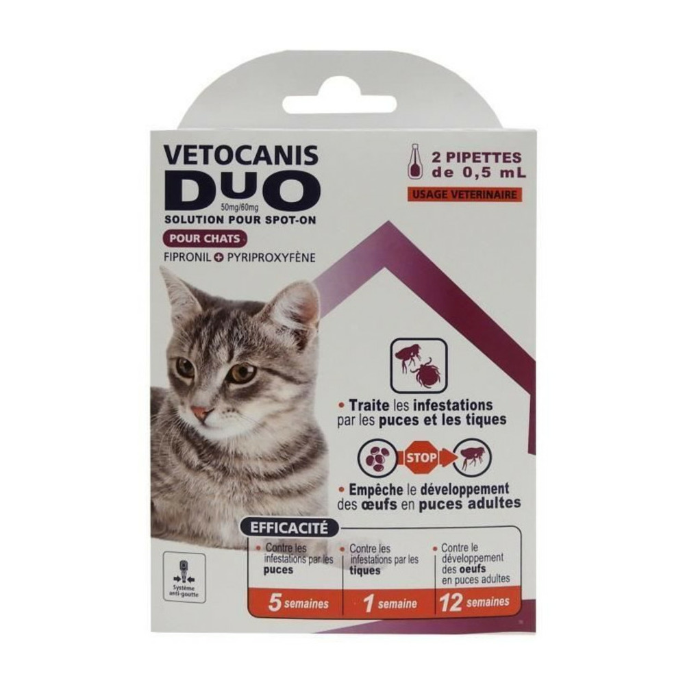 Vetocanis pipettes anti-puces et anti-tiques duo - 2 pipettes pour 5 semaines de protection - pour chat