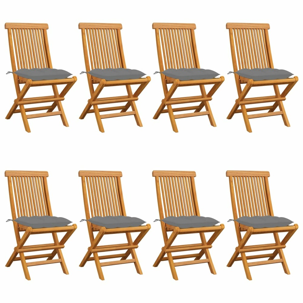 Chaises de jardin avec coussins gris 8 pcs bois de teck massif