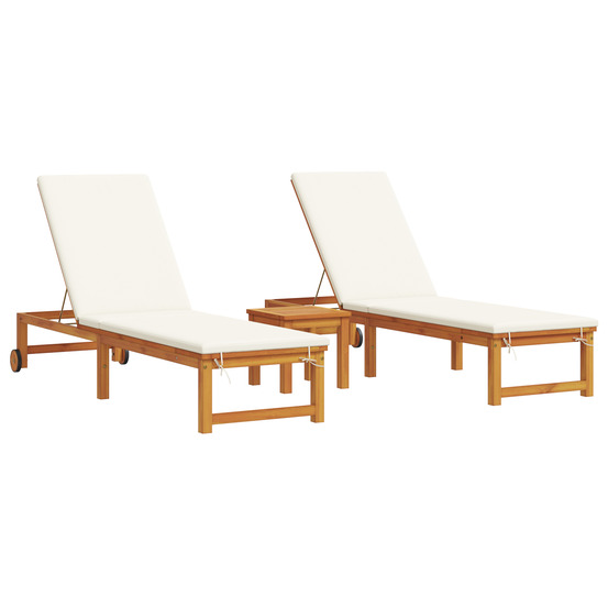 Chaises longues 2 pcs avec table et coussins en bois massif d'acacia