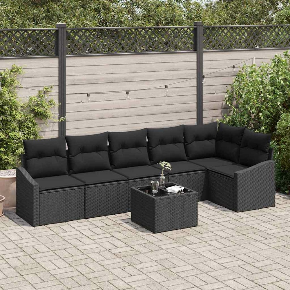 Ensemble de canapés avec coussin 7 pcs noir polyrotin