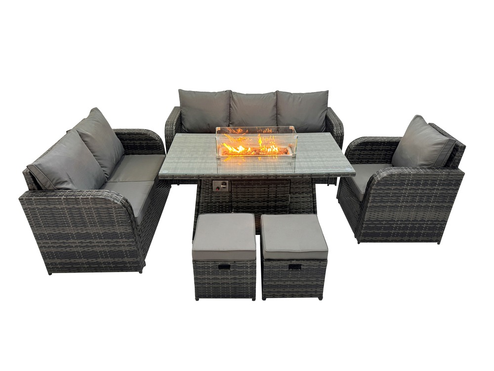 Salon de jardin avec table de foyer à gaz 8 places ensemble de canapés en rotin gris foncé mixte
