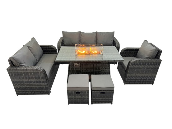 Salon de jardin avec table de foyer à gaz 8 places ensemble de canapés en rotin gris foncé mixte