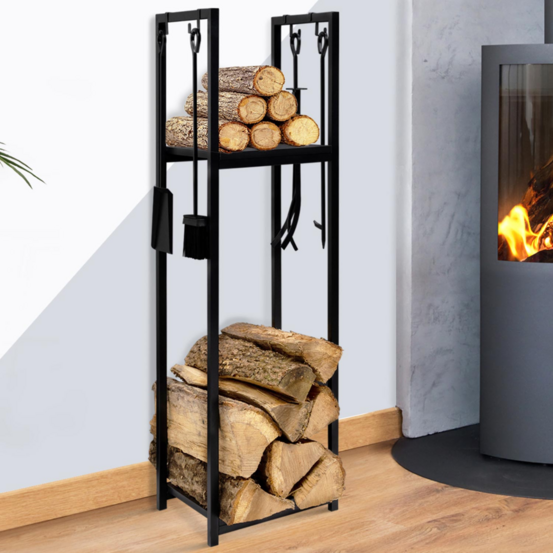 Range bûches vertical avec accessoires 2 étagères h.112 cm pour cheminée