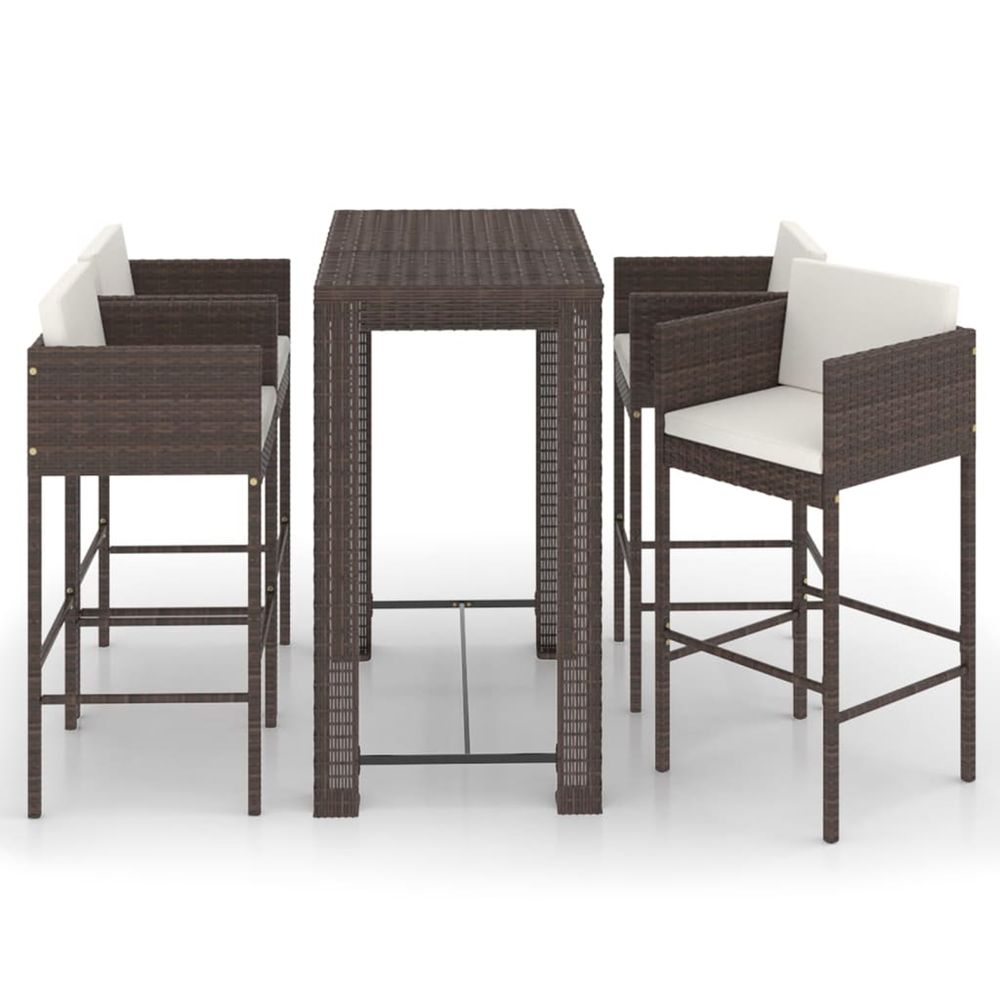 Ensemble bar de jardin 5 pcs et coussins résine tressée marron