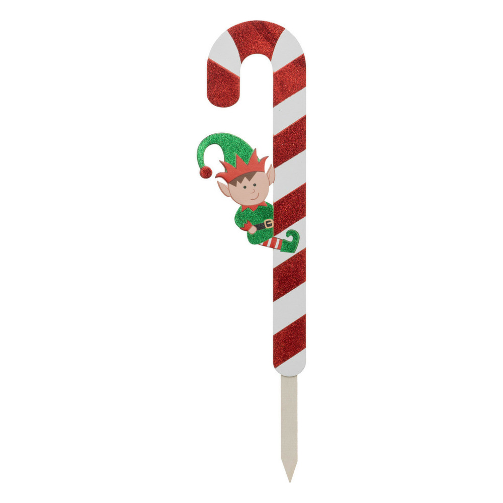 Déco de noël pancarte sucre d'orge blanc et rouge avec lutin h 70 cm