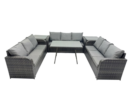 9 places salon de jardin avec table à manger rectangulaire 2 tables d'appoint patio ensemble de canapés en rotin