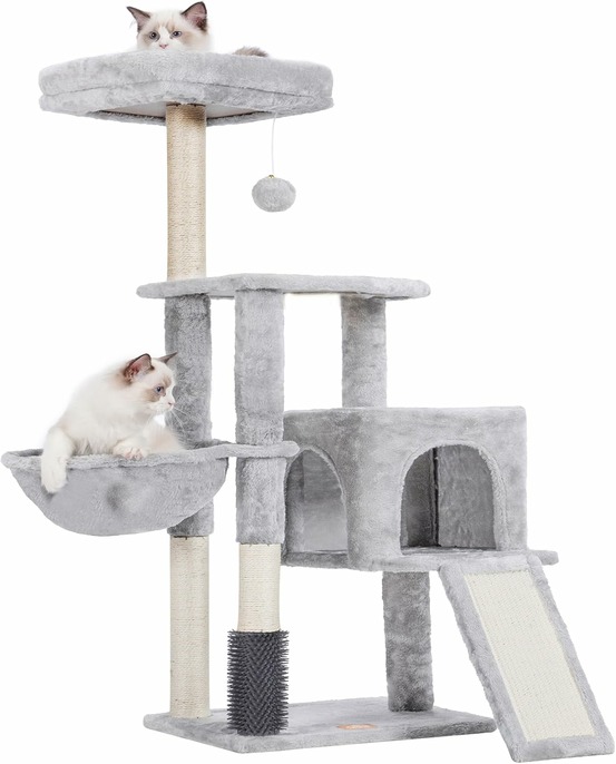 Arbre à chat domestique robuste avec peluche polie gris clair