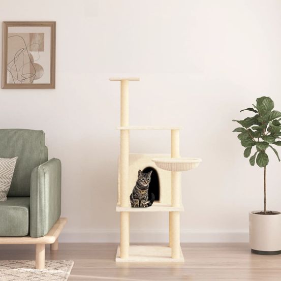 Arbre à chat 132 cm en sisal et peluche avec niche et panier pour chat crème