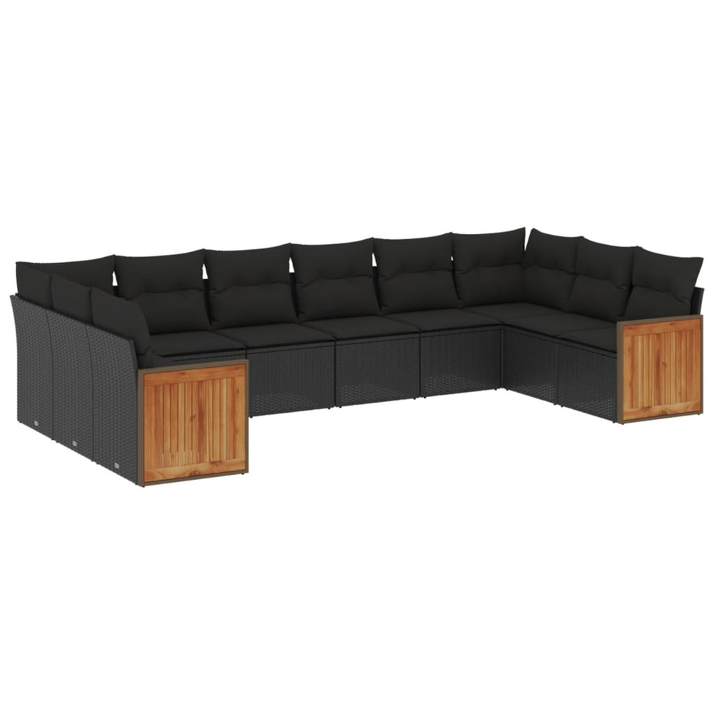 Salon de jardin 10 pcs avec coussins noir résine tressée