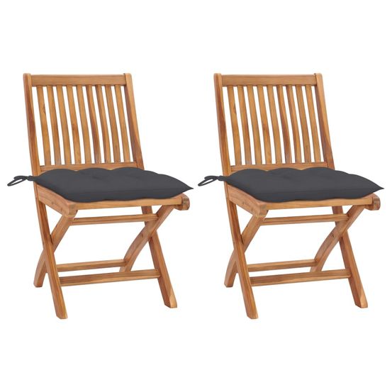 Chaises pliantes (lot de 2) avec coussins anthracite, en teck massif