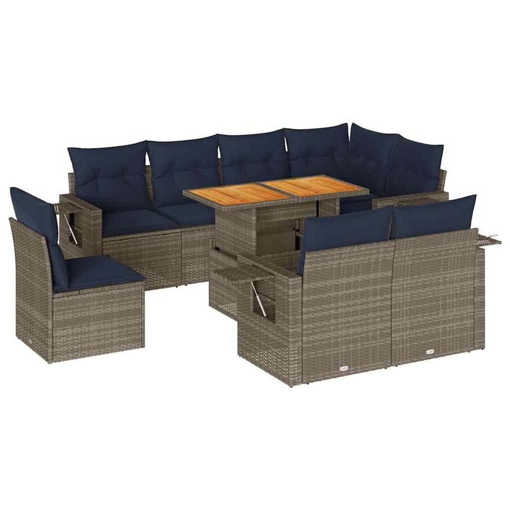 Salon de jardin 9 pcs avec coussins gris résine tressée