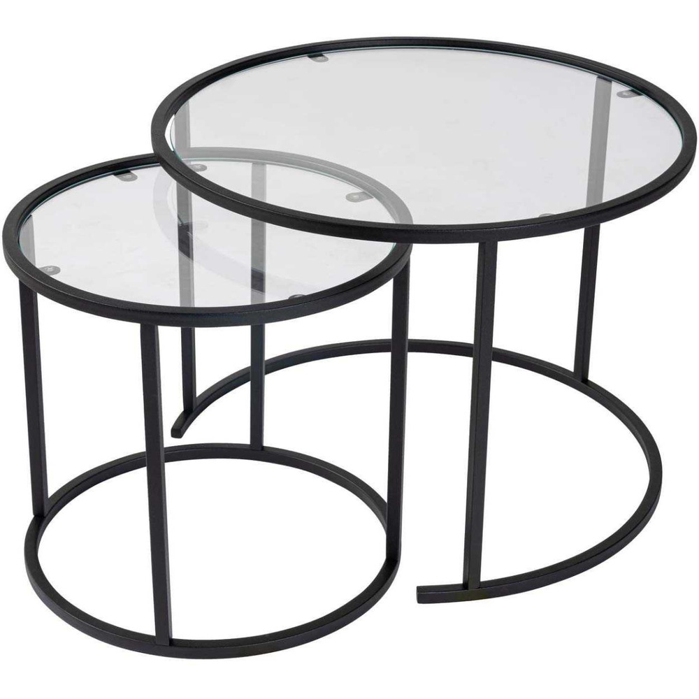 Ensemble de 2 tables gigognes rondes en métal et verre aurum noir avec verre tra