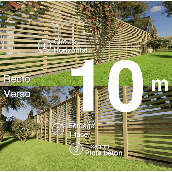 Kit clôture bois moderne 10m – h 1,9m – 45 x 45 mm autoclave – pose horizontal – simple face – à sceller
