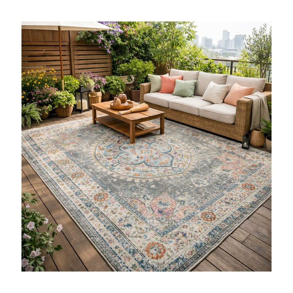 Tapis extérieur 160x230 tissé kilim gris et aleu salout a