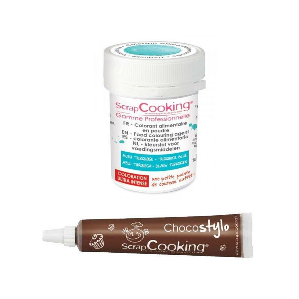 Stylo chocolat + colorant alimentaire en poudre turquoise
