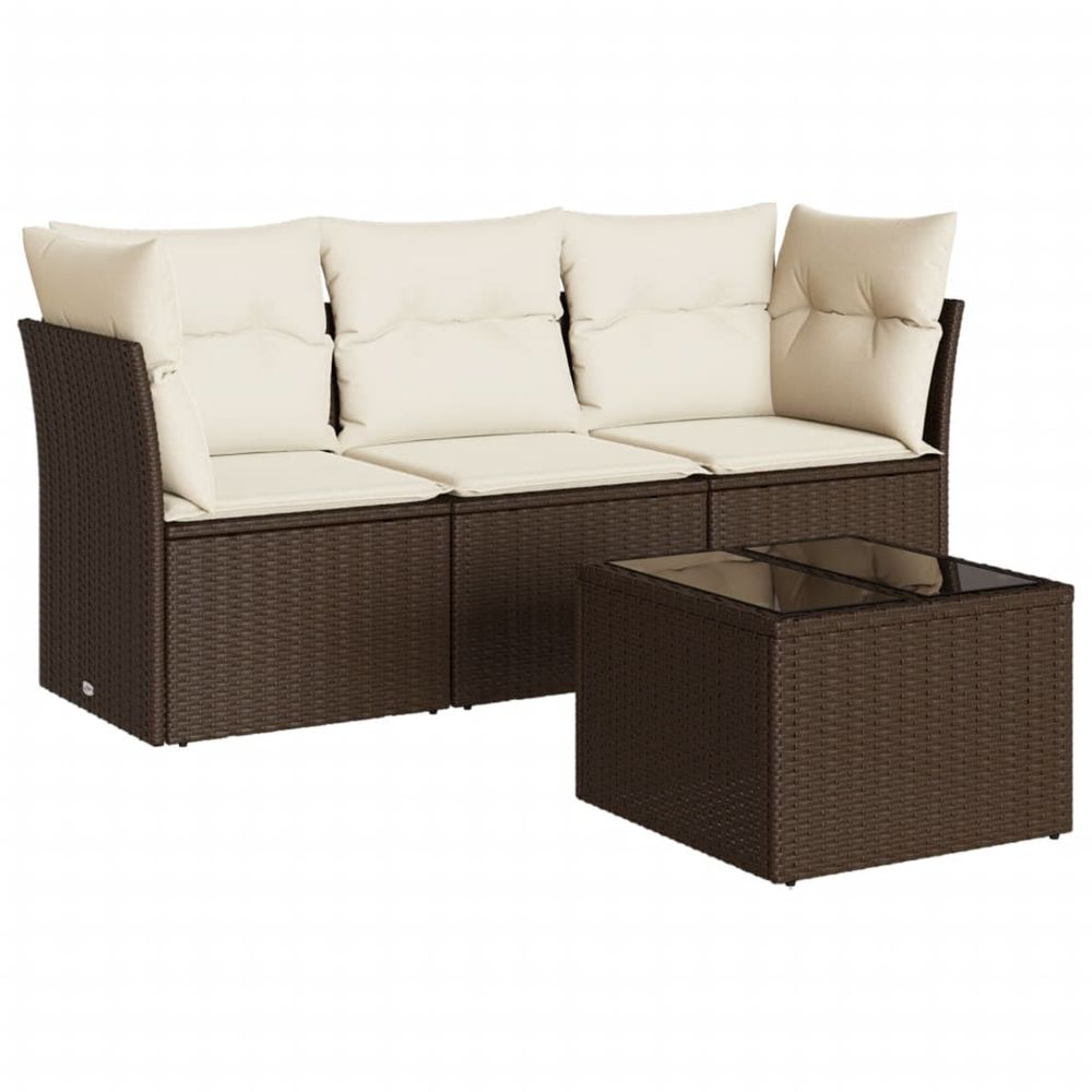 Salon de jardin 4 pcs avec coussins marron résine tressée