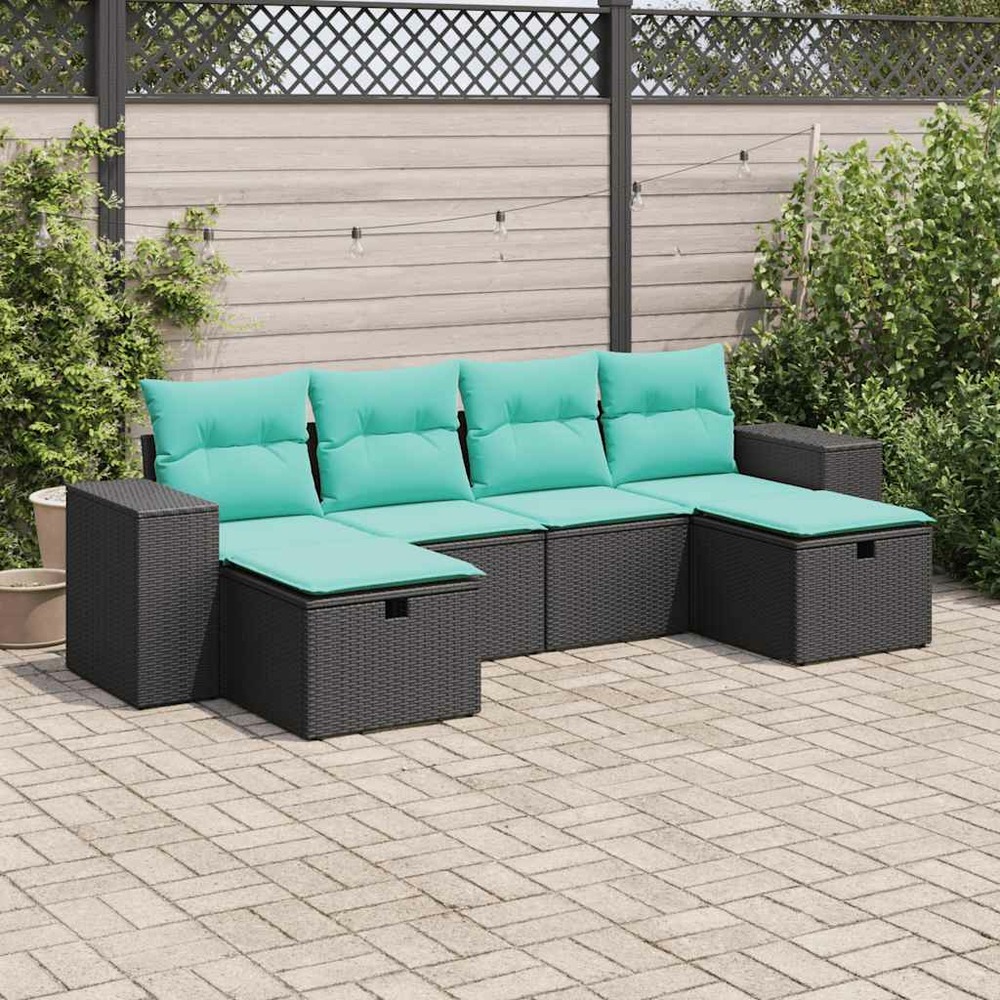 Salon de jardin 6 pcs avec coussins noir résine tressée