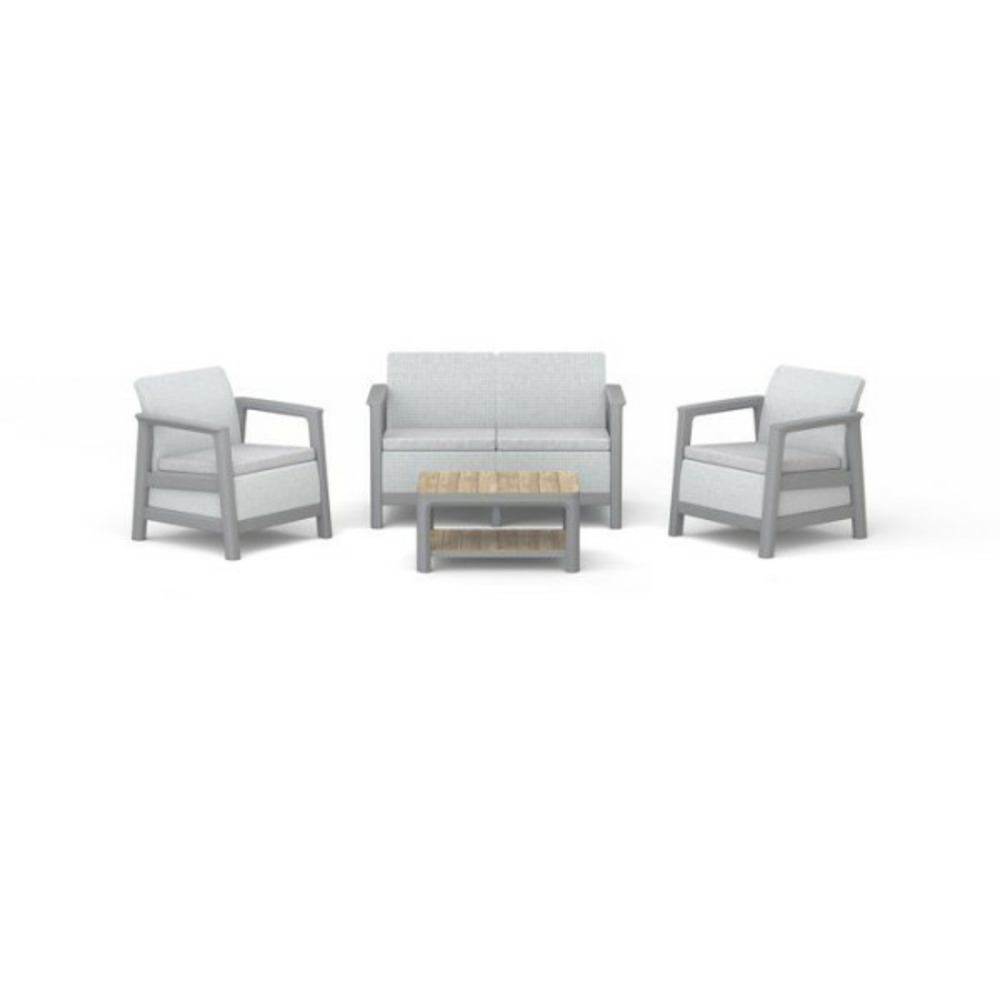 Salon bas de jardin - résine - 4 personnes - keter - scandi linea - table 2 plateaux imitation bois - imitation canage beige