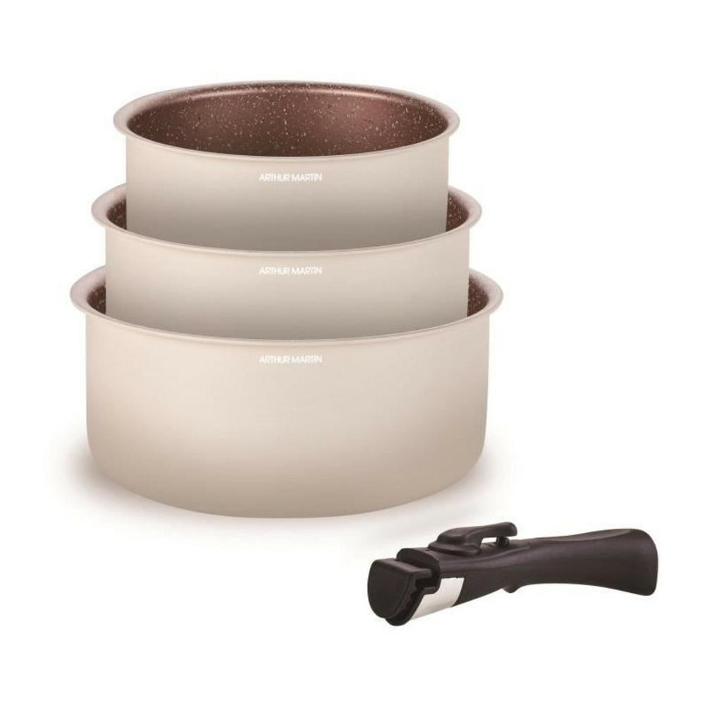 Batterie de cuisine - tous feux dont induction - arthur martin - am2655 - set de 3 casseroles -16-18-20 cm + 1 poignée amovible