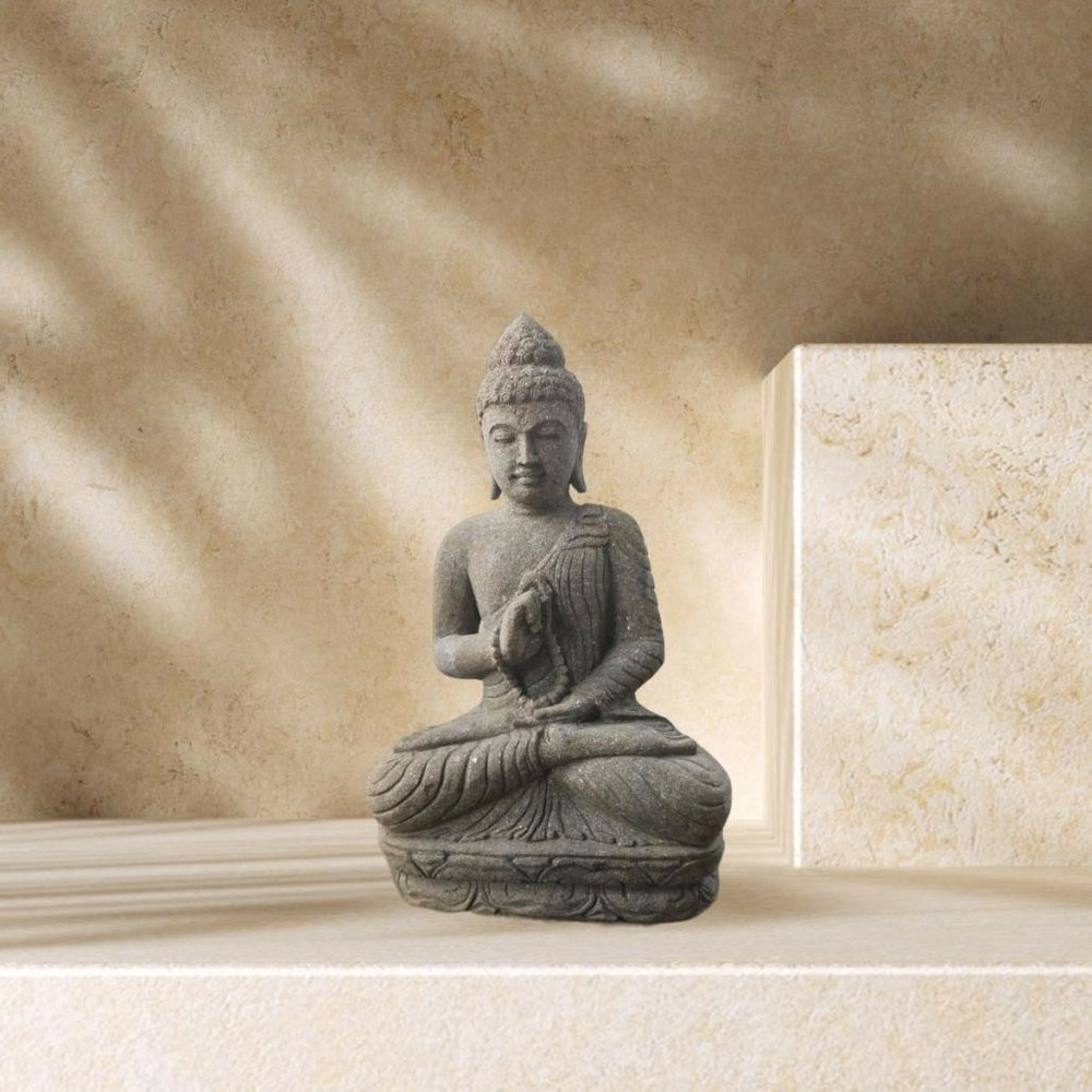 Statue de jardin bouddha assis en pierre chapelet et sérénité 50 cm