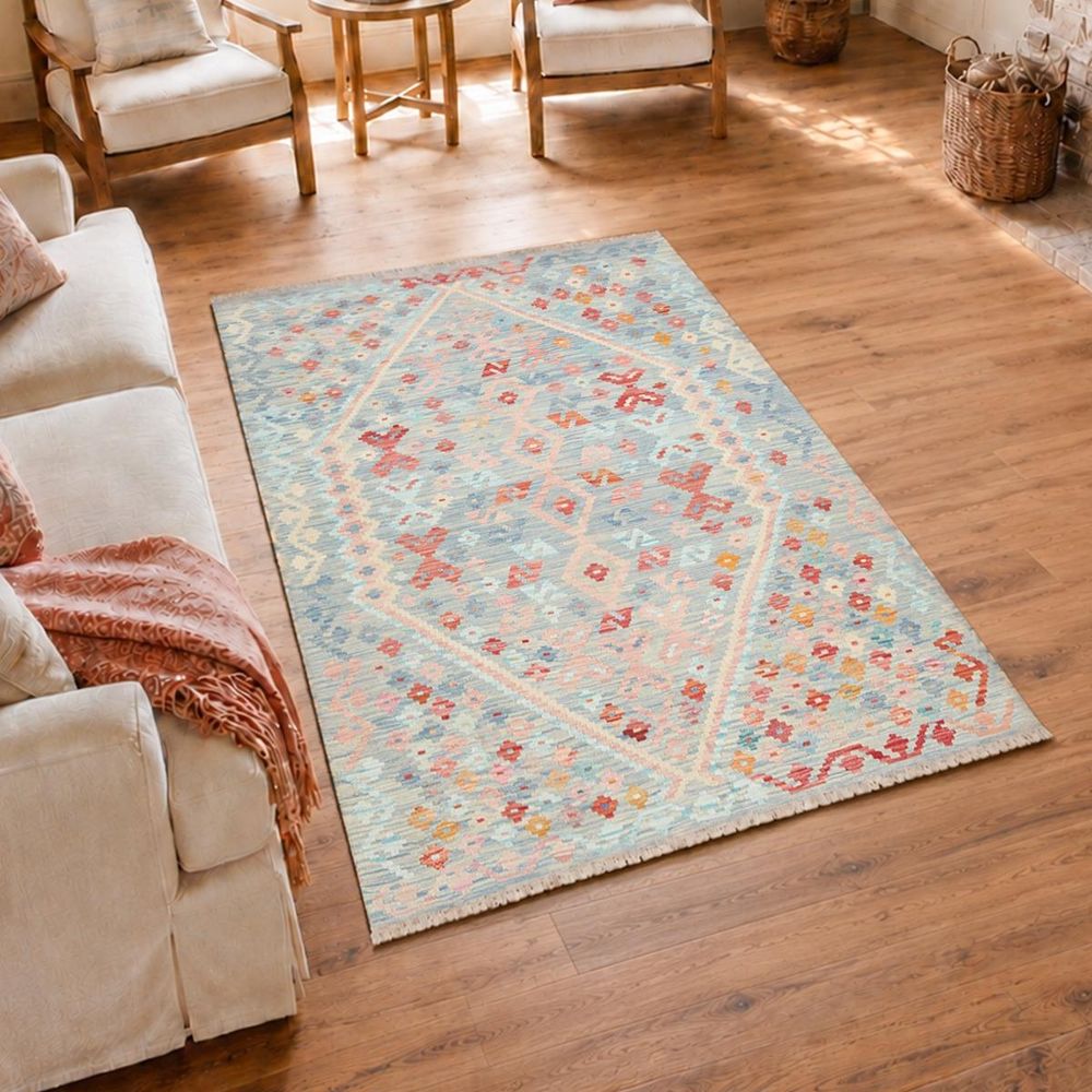 Tapis kilim 156 x 197 cm, bleu, orange et rouge, en laine, kilim 59
