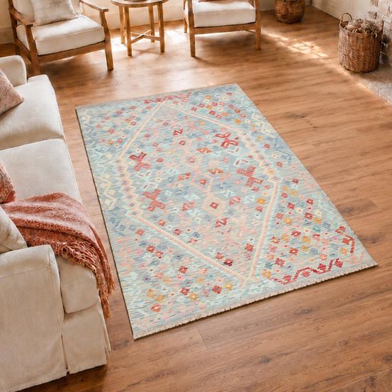 Tapis kilim 156 x 197 cm, bleu, orange et rouge, en laine, kilim 59