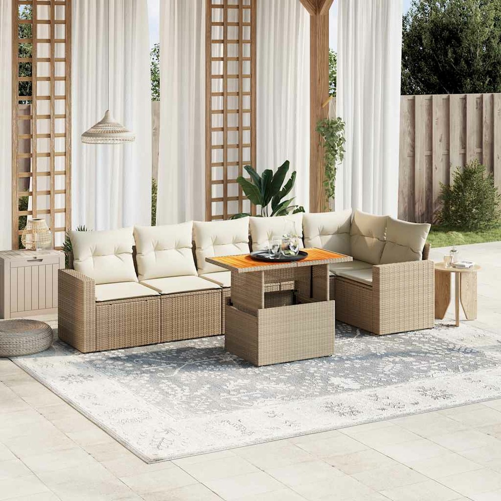 Salon de jardin avec coussins 7 pcs beige résine tressée