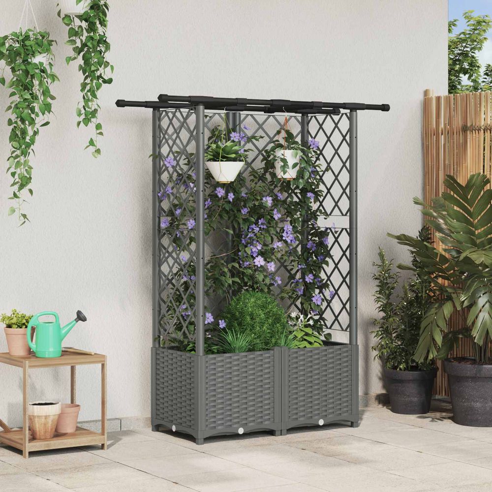 Potager sur pied en polypropylène pour terrasse avec treillis et toit 124cm gris clair