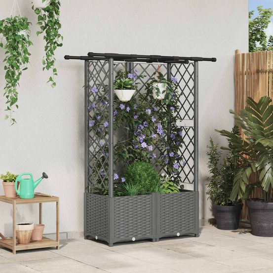 Potager sur pied en polypropylène pour terrasse avec treillis et toit 124cm gris clair