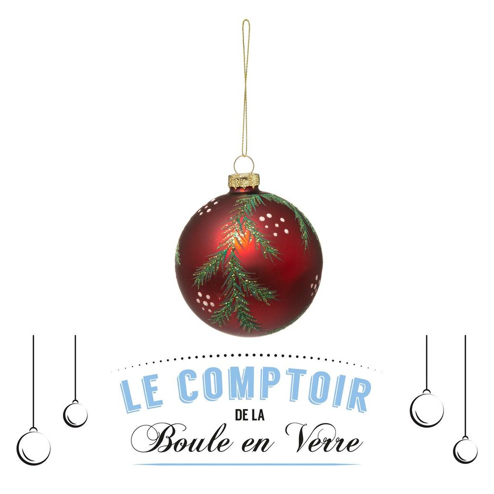 Boule de noël verre 80 mm imprimé pompon 2 assortiments