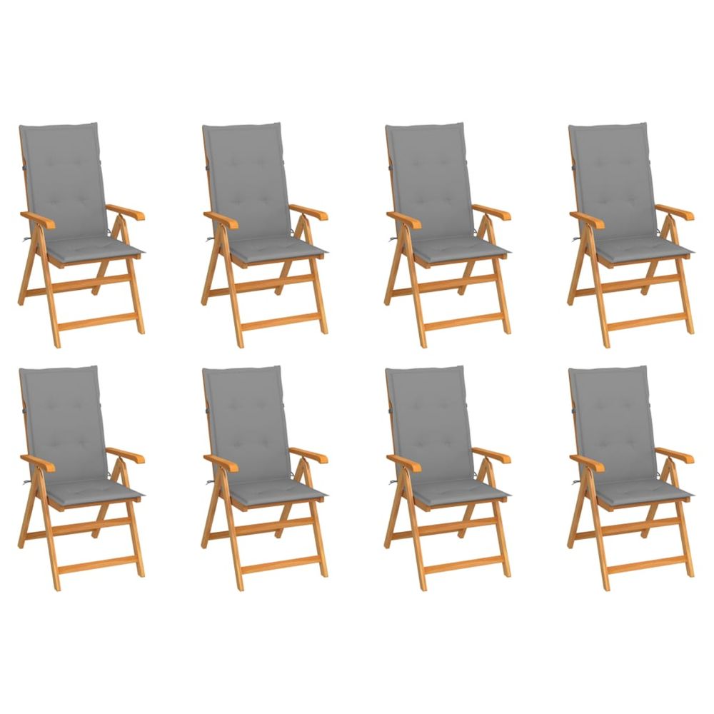 Fauteuils pliants inclinables avec coussins, 8 pièces, en teck massif