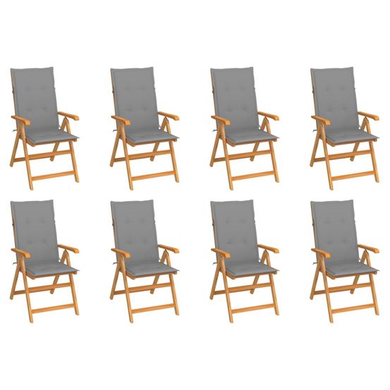 Fauteuils pliants inclinables avec coussins, 8 pièces, en teck massif