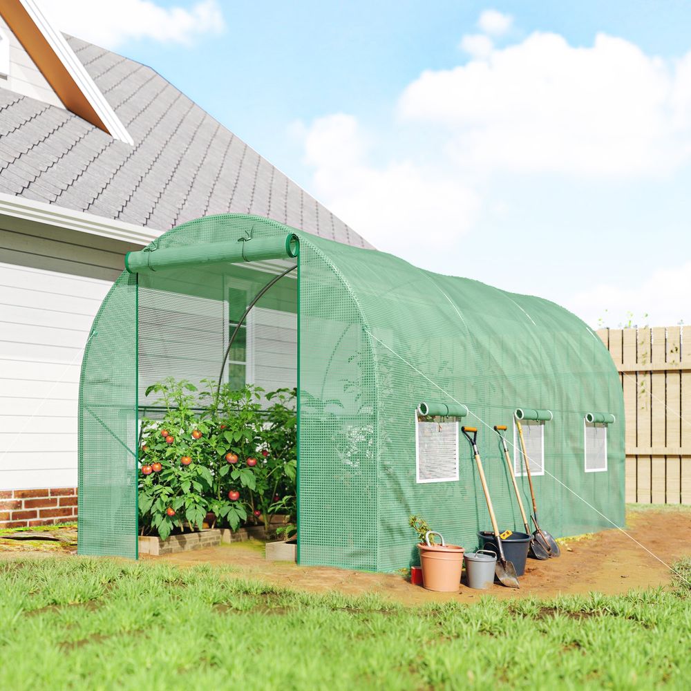 Serre tunnel de jardin métal 4,45 x 2 x 2 m verte potager porte enroulable 4 fenêtres - comfortxl outdoor living