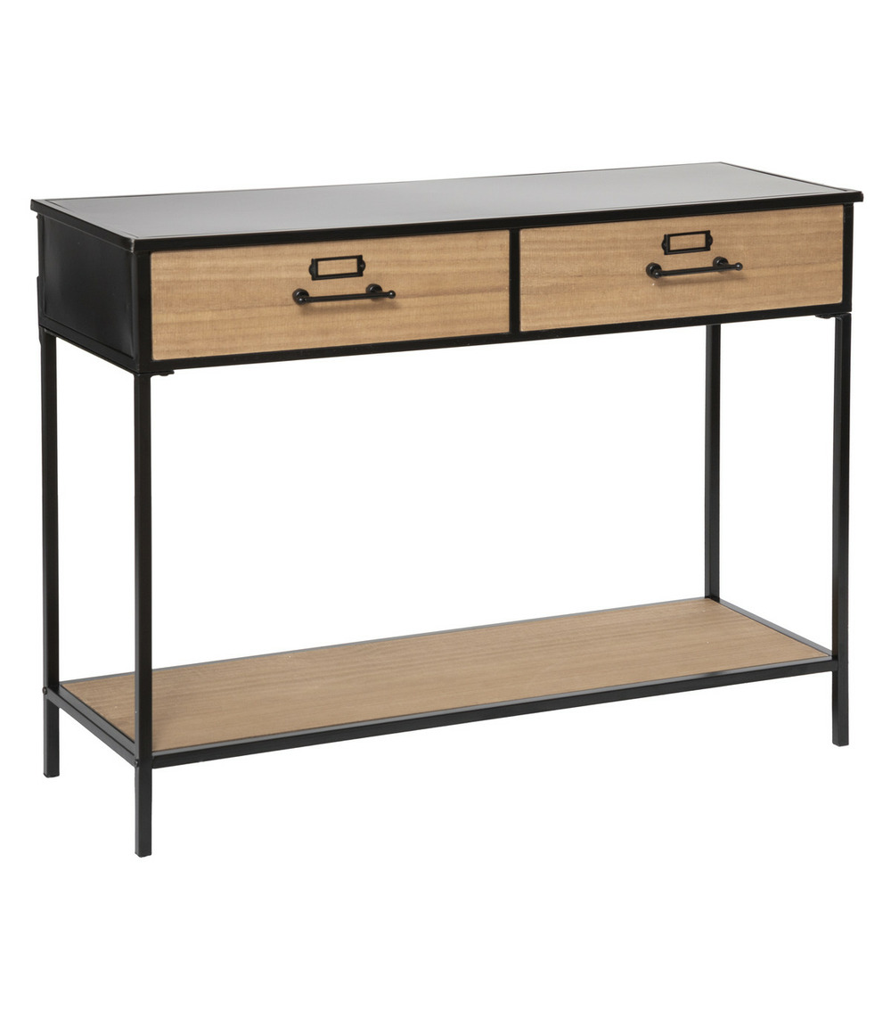 Meuble console 2 tiroirs en bois et métal noir h 84. 5 cm