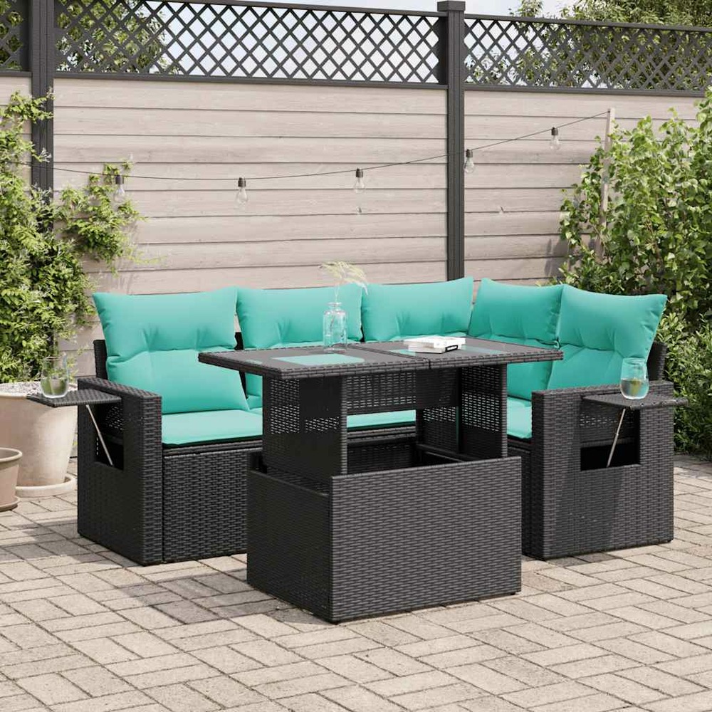 Salon de jardin avec coussins 5pcs noir résine tressée acacia