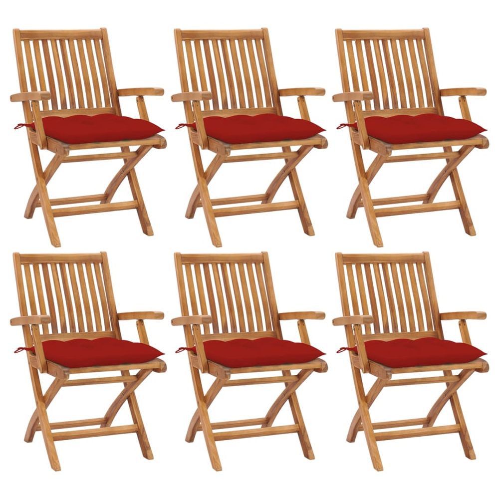 Chaises pliantes avec coussins, 6 pièces, en teck massif
