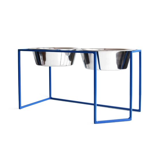 Kali - set de 2 gamelles surélevées pour grand chien en acier et socle filaire métal bleu, 42,5x20,5x24cm