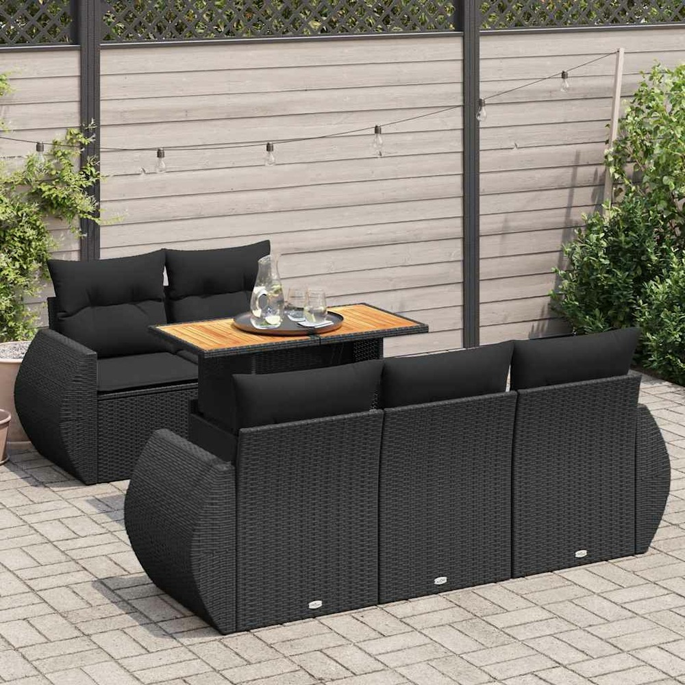 Salon de jardin 6 pcs avec coussins noir résine tressée