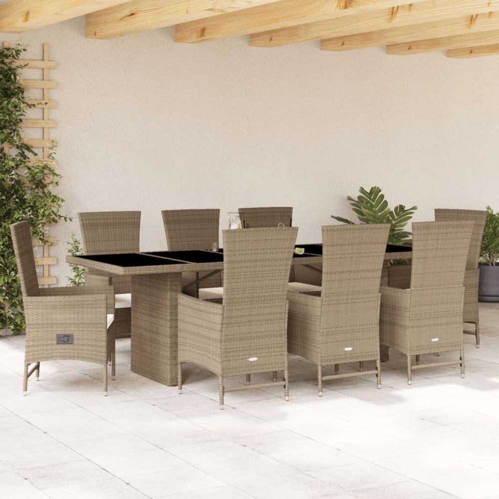 Ensemble à manger de jardin et coussins 9 pcs beige poly rotin