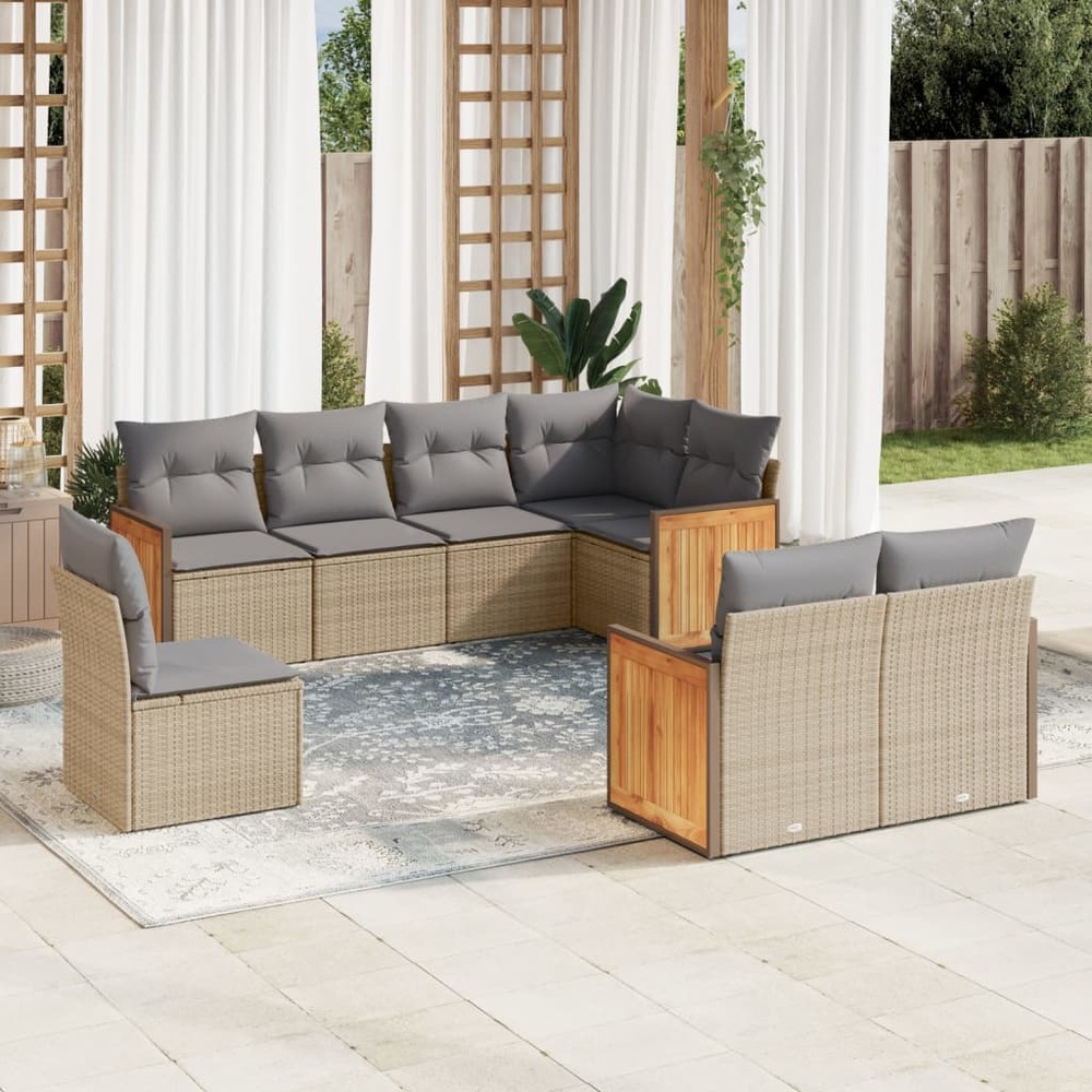 Salon de jardin avec coussins 8 pcs beige résine tressée