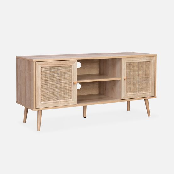 Meuble tv en cannage 120x39x56.5cm - 2 niveaux - 2 étagères - 2 portes - pieds scandinaves