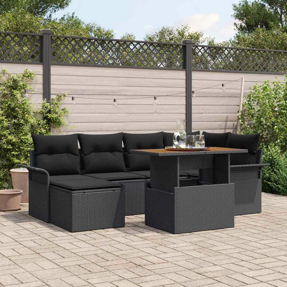 Ensemble de canapé de jardin 7 pcs noir poly rotin