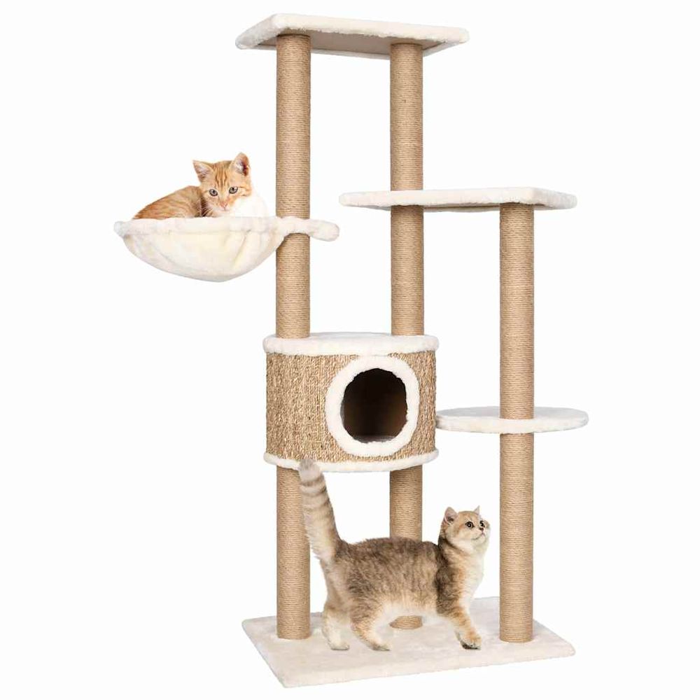 Arbre à chat 126 cm avec panier et griffoirs en herbe marine beige