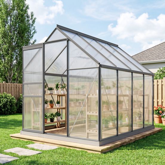 Serre de jardin polycarbonate aluminium 190 x 253 cm gris foncé porte coulissante - comfortxl outdoor living