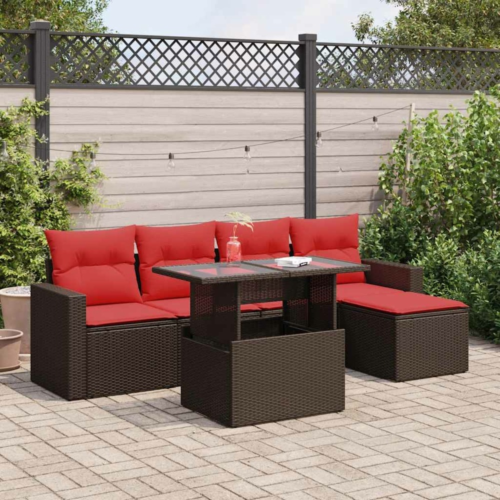 Salon de jardin avec coussins 6pcs marron résine tressée acacia