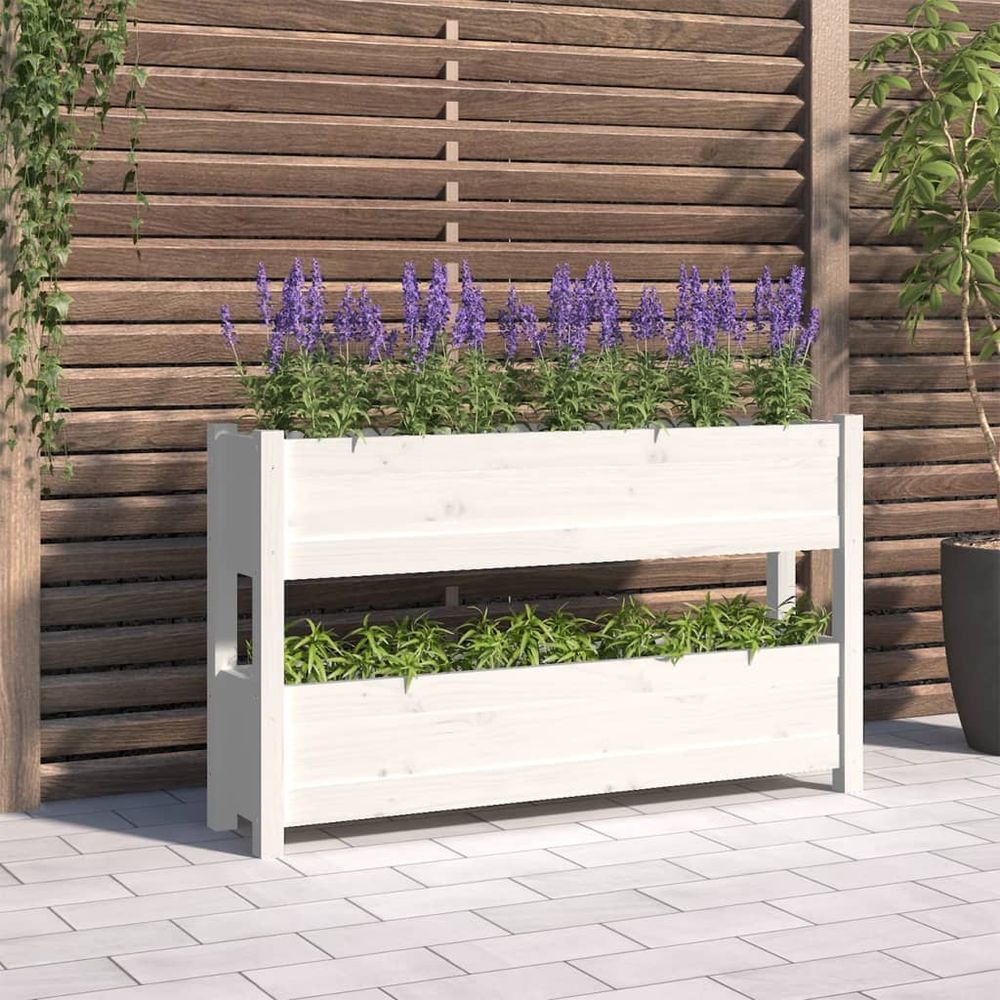 Jardinière étagère 2 bacs en bois de pin pour balcon 112 cm blanc