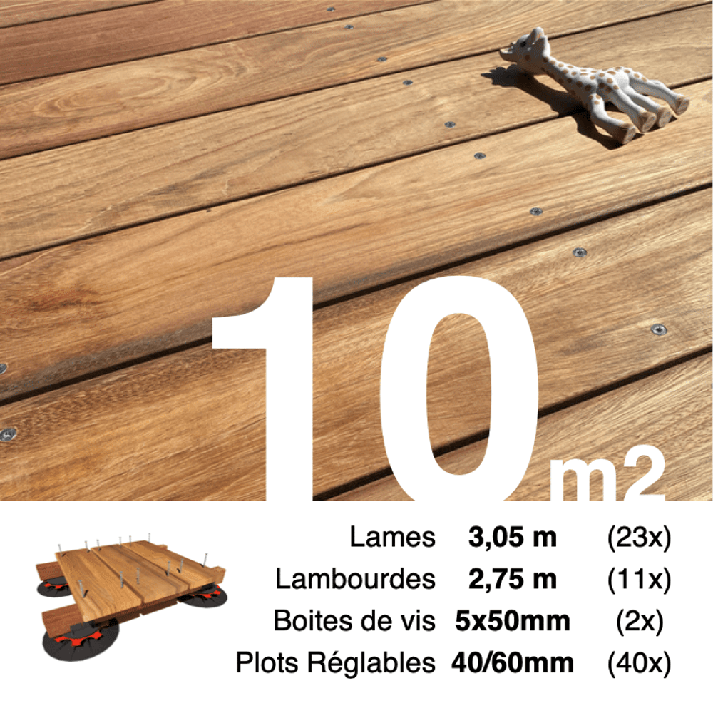 Kit complet terrasse bois exotique jatoba pour 10 m², lames 3,05 m, lambourdes 2,75 m, plots réglables et visserie inox.