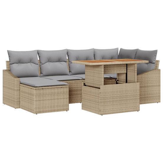 Ensemble de salle à manger jardin 7 pièces avec coussins beige poly rotin acacia