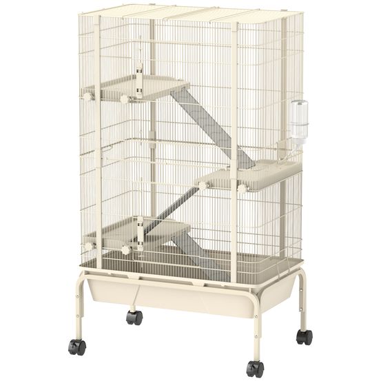 Cage en acier pour lapins furets 4 niveaux sur roulettes avec accessoires 69x44x120cm beige