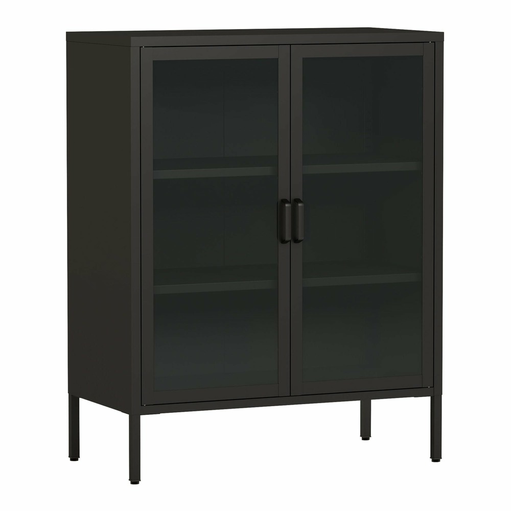 Buffet métallique avec portes vitrées acier verre trempé 102 x 80 x 40 cm noir